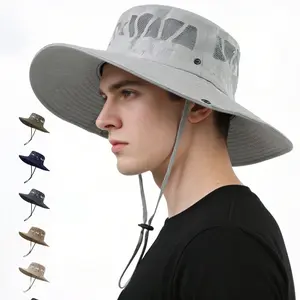 Geometric Mesh Breathable 100% Cellulose Fiber Wide Brim Sun Hat, Adjustable Chin Strap UV Protection Fisherman Hat for Hiking Fishing Beach Summer Outdoor, Trendy Gorpcore Style