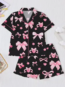 Girls Sweet Bow Heart Pajama Set, Fire Resistant Short Sleeve Shirt and Elastic Waist Shorts, Cute Homewear for Kids, Ideal Sleepwear for Parties and Gifts, Ribbon Pajamas