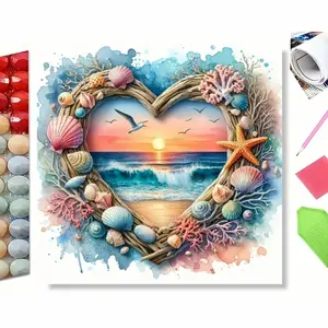 Watercolor Heart Driftwood Seashell Beach Sunset Diamond Painting Kit - 5D Full Drill Rhinestone Embroidery, Coastal Nautical Floral Art, DIY Summer Ocean Wall Decor, Romantic Tropical Gift