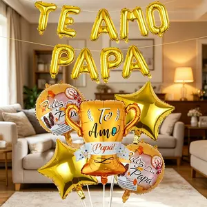 16-Piece Spanish Father's Day Balloon Set, 'te Amo Papa' Letters, Stars, Retro Balls, Trophy Shape, Family Party Decor