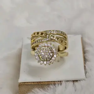 Elegant set Gold Tone Hexagon Ring with Rhinestones and Chain Design for Women's Fashion Jewelry