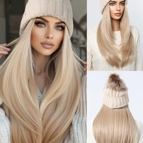 26 inch straight synthetic Fashion Wig with cozy knit hat. Made of soft heat-resistant fiber for a natural look. Easy to wear, no styling needed. Ideal for winter, travel, or daily wear. Stylish, warm, and perfect for quick hair fixes.