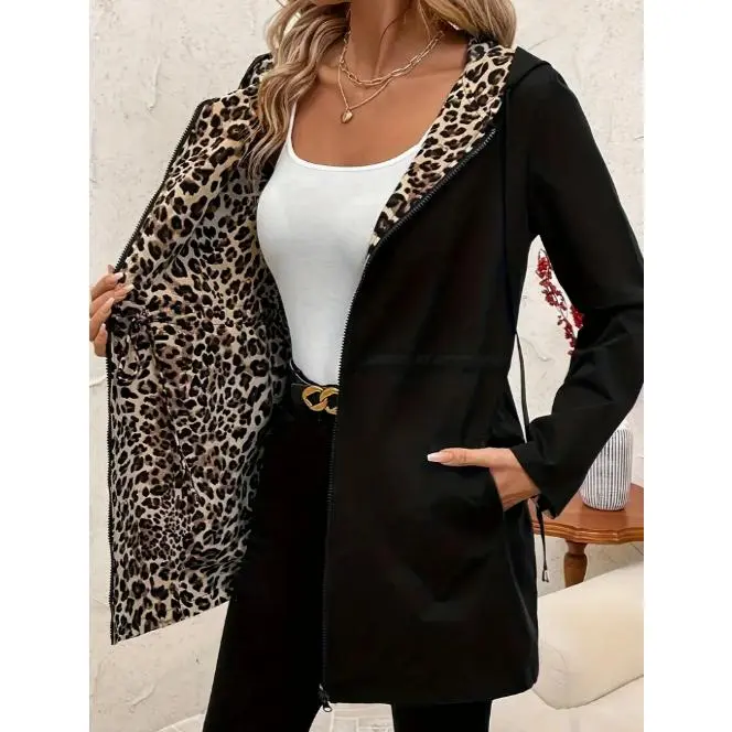 Women’s Polyester Mid-Length Reversible Hooded Jacket - Leopard Print, Zip-Up, Lightweight Casual Coat