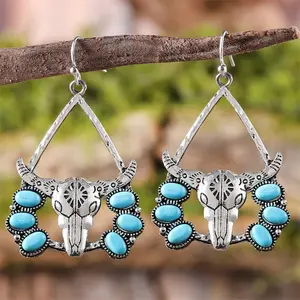 Bohemian Retro Style Bull'S Head Shaped Alloy Earrings - Inlaid With Turquoise And Carved Ethnic Tribal Pattern Jewelry, Low Allergenic Lightweight Hanging Accessories For Music Festivals, Vintage Cultural Gifts, Tribal Style Holiday Earrings