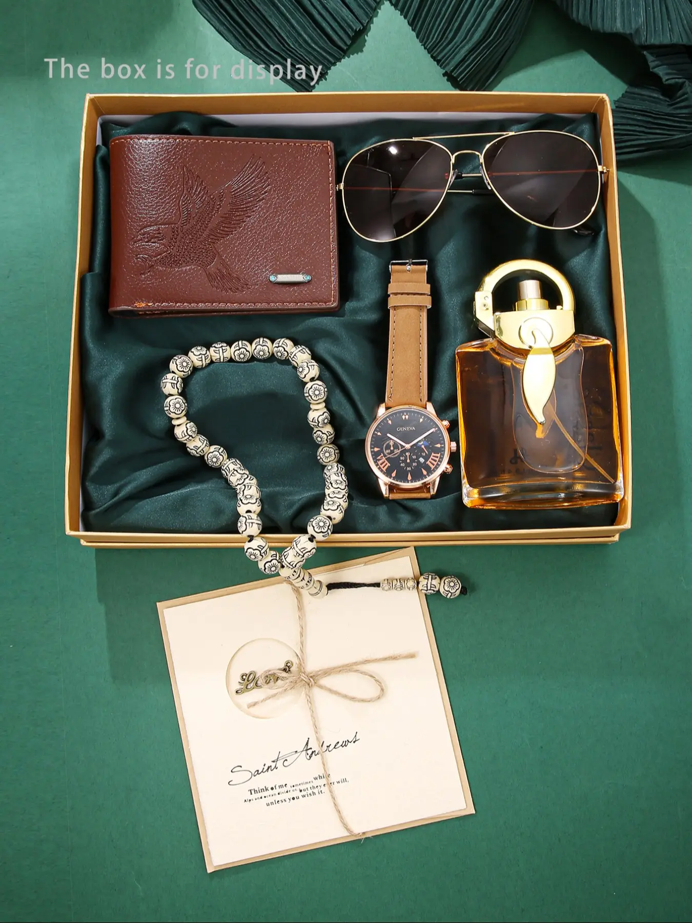 Men's Quartz Watch Set with Wallet, Beads Necklace, Cool Glasses, Attractive Perfume, Warm Greeting Cards, Classic Style, All Seasons, Accessories Set
