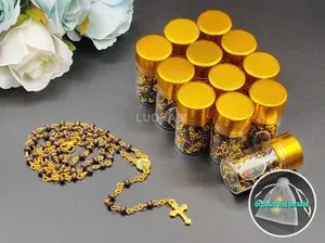 LOUKASI 12pcs Baptism Rosary Favors in Bottle Jar Brown Beads with Cross W/ Organza Bags Party Favors Gift Idea Mi Bautizo Rosario Baptism Christening