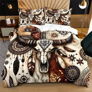 2/3 Piece Western Country And Bohemian Style Fusion Bedding Set, Boho Bed Set, Cow Head Bone Quilt Cover and Feather Pattern Duvet Cover Set, Suitable for Bedroom Decoration, Soft and Comfortable, Including 1 Comforter Cover and 1/2 Pillowcase