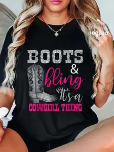 100% Cotton Unisex Cowgirl Boots Bling Women Gift Cute Love Country Life T-Shirt Cool Western Horse Lovers Casual Top