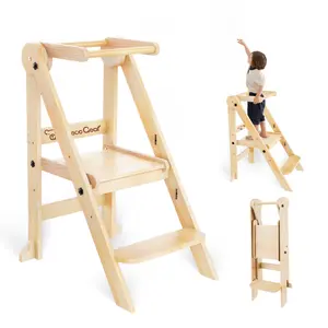 Foldable Toddler Tower, 3 Adjustable Height Toddler Standing Tower, Wooden Kids Kitchen Stool Helper with Safety Rails, Space Saving Kids Step Stool - Ages 18 Months to 6 Years