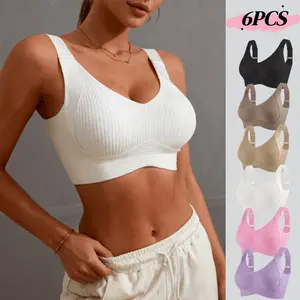 Women's Bralettes 6 Pack, Seamless Ribbed V-Neck Fashion Underwear with Adjustable Wide Straps and Wireless Soft Support