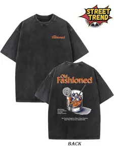 Men's 230gsm Cotton Vintage Washed T-Shirt - Double-Sided "OLD FASHIONED" Graphic, Loose Fit Streetwear, Ribbed Neckline, Unisex Hip Hop Casual Crewneck graphic tee