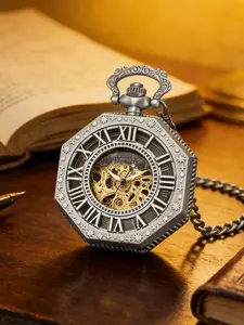 Men's Gift Hollow Out Octagonal Mechanical Pocket Watch, Vintage Flip Cover Necklace Clock, Antique Roman Key Wind Pendant