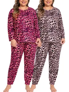 Plus Size Round Neck Long Sleeve Leopard Print Pajama 2-Piece Set, Milk Silk Colorful Leopard Jogger Loungewear, Casual Sleepwear for Women, Perfect for Pajama Party