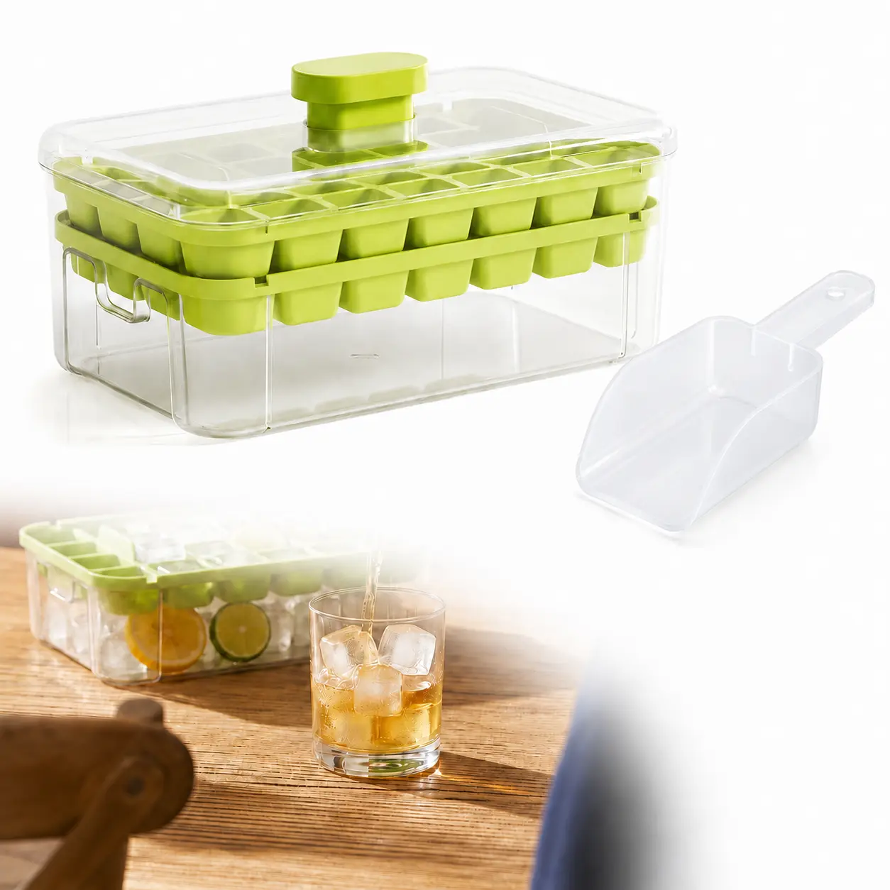 Ice Cube Tray Set 56 Cubes Stackable with Lid and Bin Easy-Release for Summer