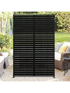 Black/Horizontal Slat- Metal Privacy Screen 72" H X 47" W, Outdoor Privacy Screens And Panels, Freestanding Decorative Fence For Patio Lawn Garden Deck Balcony, 3-Panel Outdoor Divider With Stand Modern Furniture Design Home