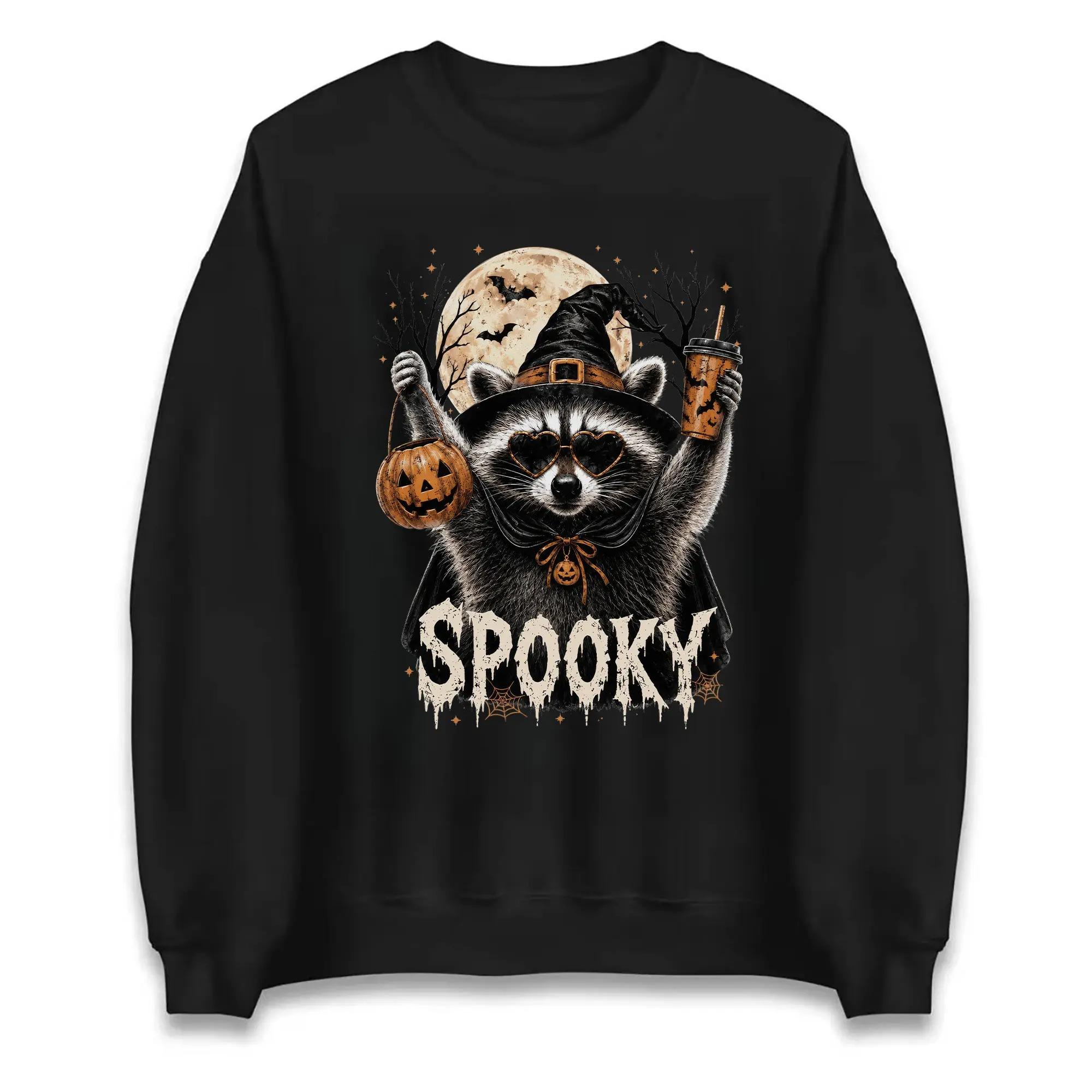 Retro Halloween Raccoon Shirt, Here for the Boos Racoon Sweatshirt, Witch Hat Raccoon Funny Raccoon Halloween Crewneck, Spooky Season Shirt for Men and Women