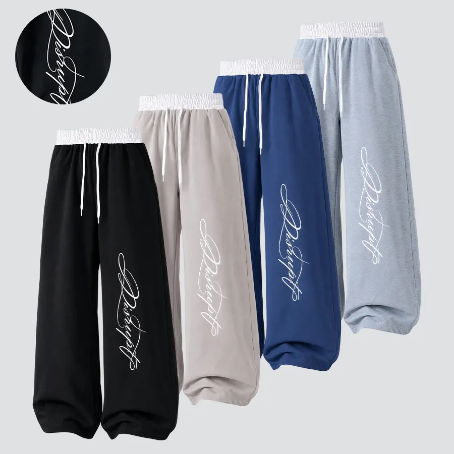 American street-style floral letter print wide-leg casual pants featuring a white contrast waistband for a distinctive, eye-catching look. Textured jacquard fabric is lightweight and breathable. Elastic waistband with drawstring adjusts to various waist s