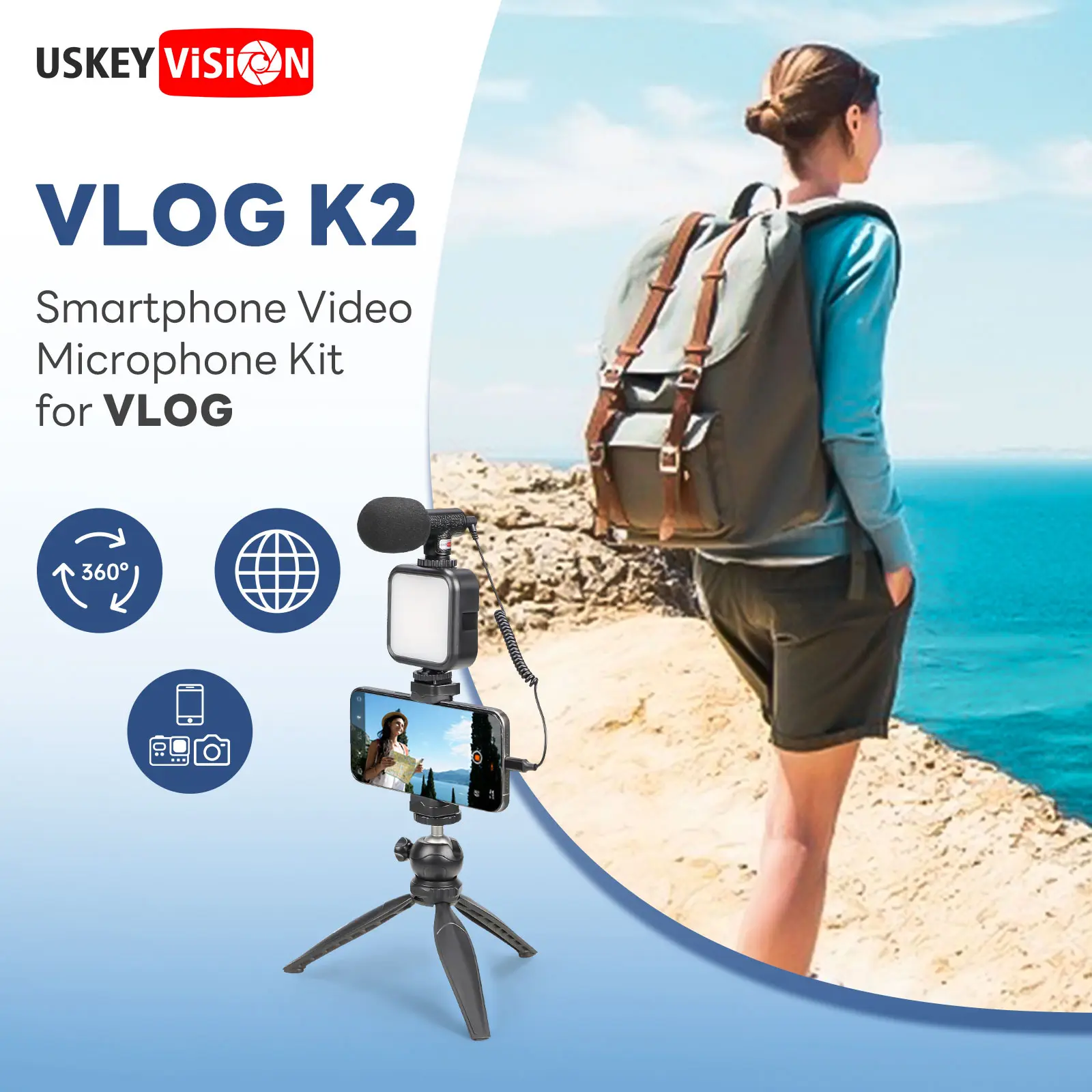 USKEYVISION Vlogging Kit for iPhone Youtuber Starter Kit Content Creator Equipment for iPhone 16/15Pro Max with 59'' Extendable Fullsize Tripod, LED Light,Shotgun Mic Video Recording(Vlog K2)
