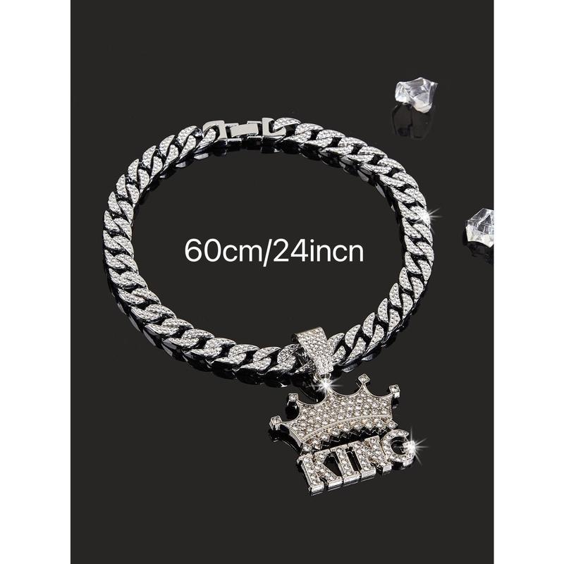 14K Gold Plated King & Crown Pendant with Austrian Rhinestones Miami Cuban Link Chain Italy & Micro Inspired Unisex Hip Hop Necklace for Men & Women Jewelry,Daily Wear, Casual Fashion, Sporty Style, Gift Idea