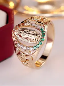 Luxurious and exquisite multi-coloured synthetic zirconia Virgin Mary statue gold coloured women's ring Women's classic versatile ring Beautiful Rings Birthday gift Commemorative gift Elegant Glittering Ring Cubic Zirconia Rings