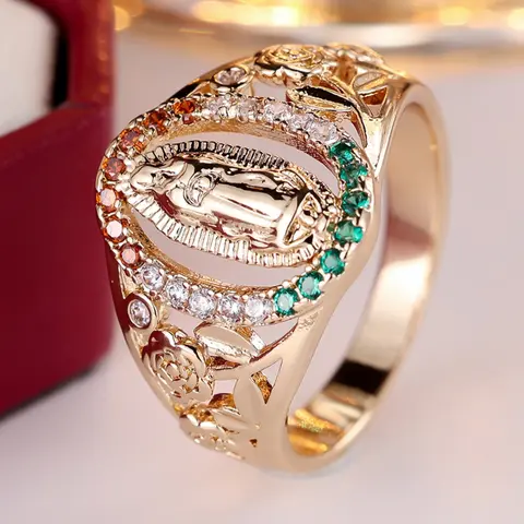 Luxurious and exquisite multi-coloured synthetic zirconia Virgin Mary statue gold coloured women's ring Women's classic versatile ring Beautiful Rings Birthday gift Commemorative gift Elegant Glittering Ring Cubic Zirconia Rings