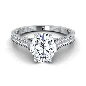 Hand-Engraved Vintage Cathedral Solitaire Oval Engagement Ring Setting in Platinum