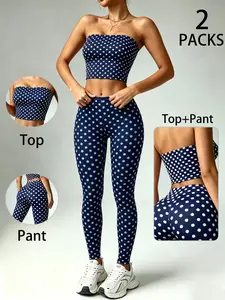 Women's Polka Dot Sporty Two-Piece Set, Strawberry Milkshake Color Strapless Top + High-Waisted Tight Pants, Seamless Yoga Workout, Yoga Gym Outfits, Workout Sets, Yoga Clothes, Workout Sportswear