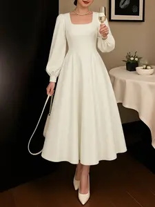 Elegant Chic Women's Square Neck Long Sleeve Bubble Hem Fitted Dress with Zipper, Waist Cinching, Perfect for Casual and Formal Occasions, Womenswear, Formal Elegant Fashion