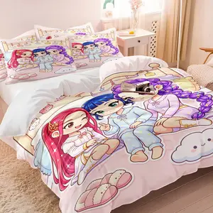 Cute Anime Girls Pajama Party Duvet Cover Set, 1 Duvet Cover + 1/2 Pillowcases, No Core, Pastel Chibi Print with Fluffy Slippers & Clouds, Soft Cozy Breathable All-Season Bedding for Teens & Fans Bedroom & Dorm Decor