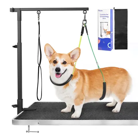 Pawaboo 35-in Stainless Steel Dog Grooming Table Arm with Clamp - 35" Reach Arm, 360° Rotating Hook, Adjustable Rings, Foldable Stand, 2 Noose Supports, Rubber Soft Foam Pads, Skin-Protecting No-Sit Haunch Holder for Small-Medium Pets