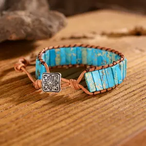 Natural Ocean Jasper Semiprecious Stone Bracelet - Handmade Braided Leather, Adjustable, Vintage Bohemian Tibetan Style, for Relaxation & Stress Relief