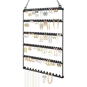 6 Tier Wall Mounted Hanging Earring Organizer Earring Display Storage with 123 Holes and 129 Grooves Jewelry Organizer Tree for Stud Hoop Dangle Earrings Necklace Black