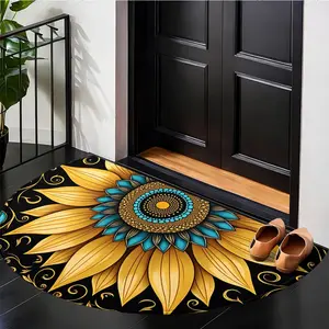 Gold Sunflower Art Half Round Floral Shaped Rug, Modern Abstract Decorative Rug, Soft Flannel Non-Slip Bottom, Durable Easy Clean, Floral Washable Rug, Multiple Sizes Available