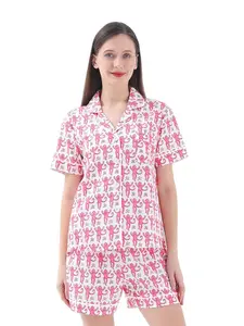 Women's Silk Satin Sleepwear Loungewear Pajama Set, Short Sleeve Lapel Button Top + Drawstring Shorts, Monkey Print, Loose Fit, Comfortable Casual Everyday Home Wear