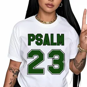 Women's Psalm 23 Jersey Premium T-Shirt - 100%25 Cotton Casual Short Sleeve Crew Neck Top with Bold Green Lettering Soft Breathable Fabric for Holiday Parties and Gift Giving