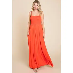 Women's Culture Code Full-Size Smocked Spaghetti Strap Cami Maxi Dress, 1-Piece Stretchy Spandex Casual Wear with Pockets