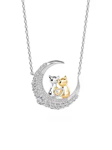 Women's S925 Silver Color Cat Moon Pendant Necklace, Hypoallergenic Cute Starry Sky Jewelry Gift for Her, Valentine's Birthday Christmas Present Whimsical Necklace