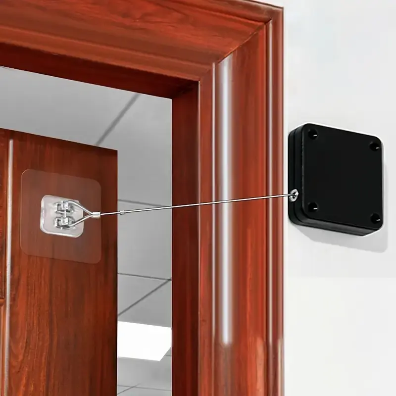 Automatic Door Closer with Steel Cable, Non-Drilling Adhesive Installation, Durable Plastic Structure, Easy to Install, Home & Office Safety