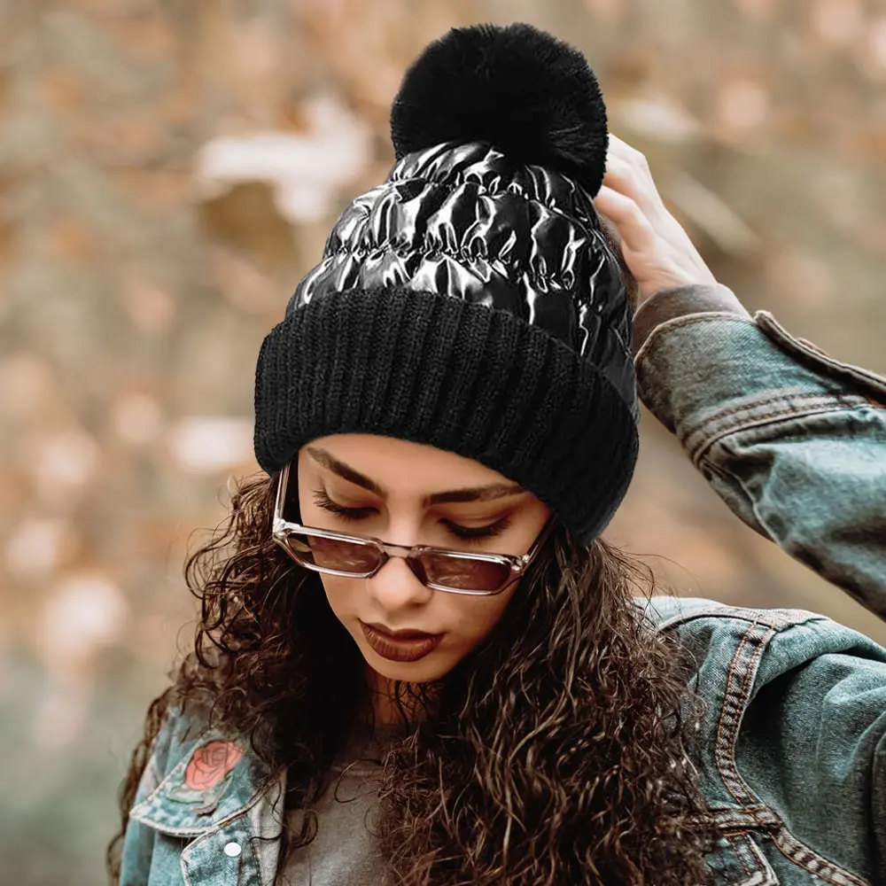 Women's Fleece Lining Puffer Knit Pom Beanie Hat