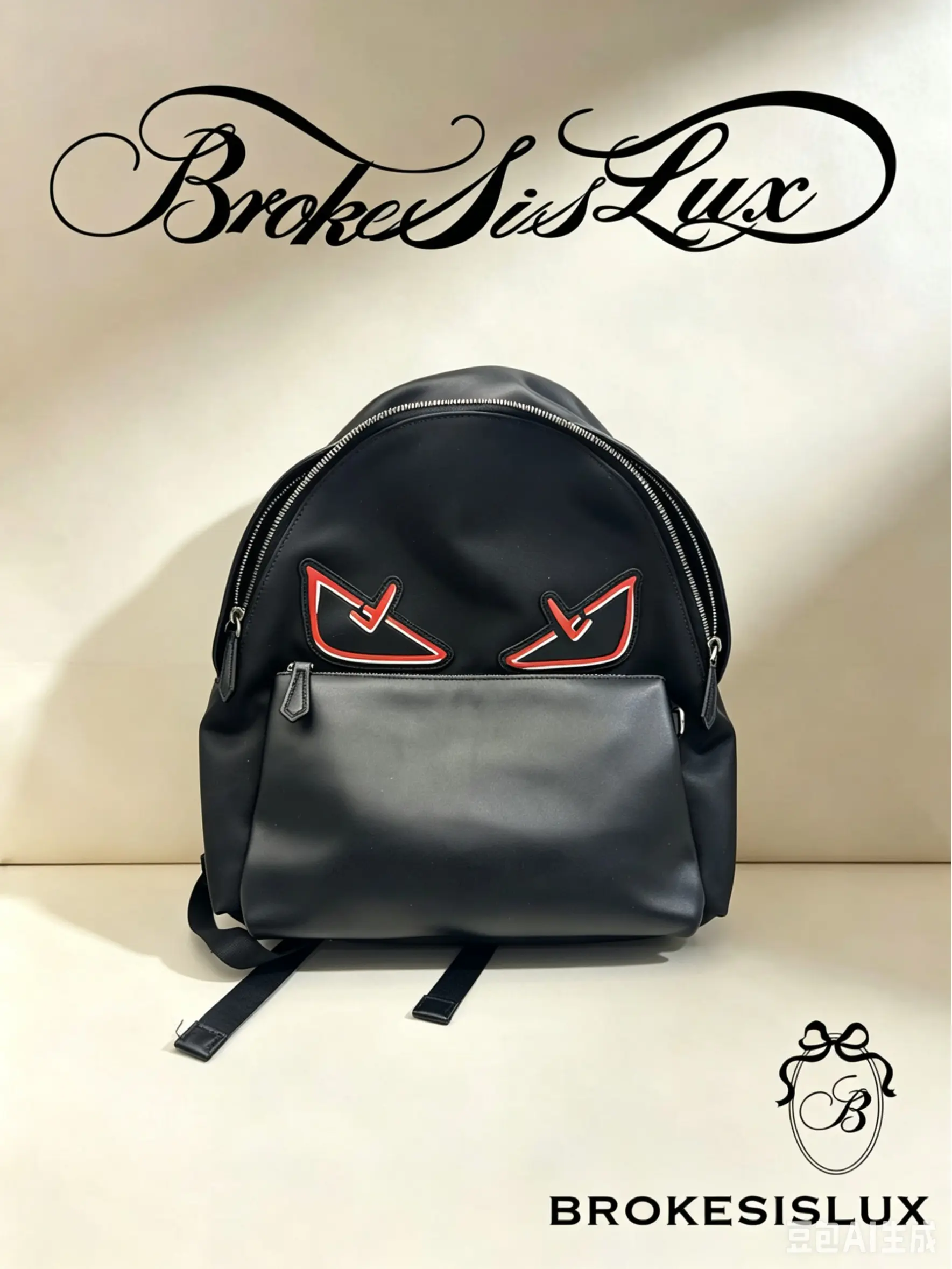 Pre-owned FENDI Black Nylon & Leather Monster Eyes Backpack with Red Accent Eyes School Travel Designer Bag
