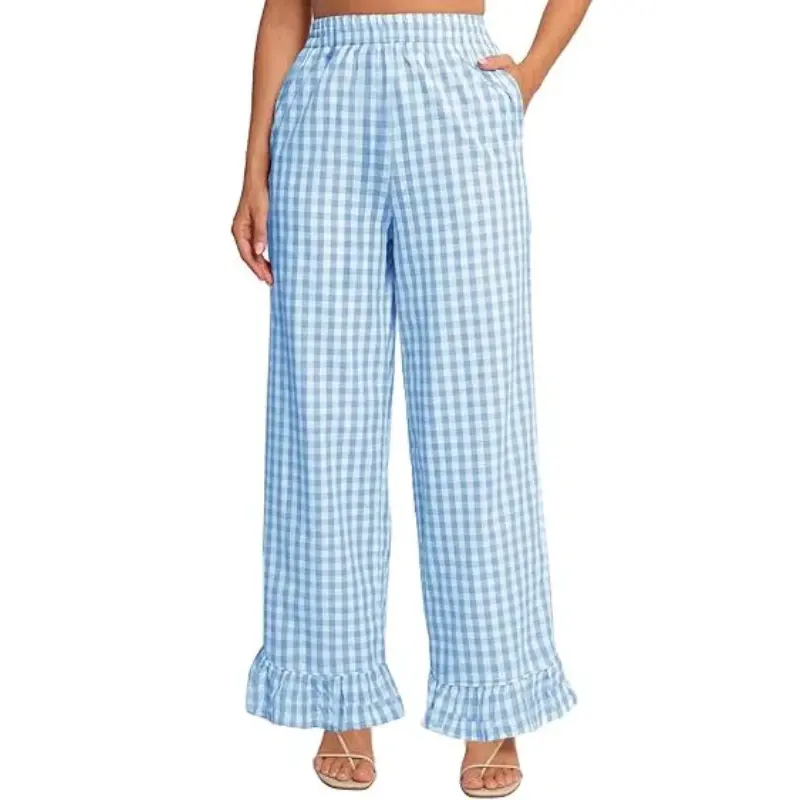 Women's 100% Cotton Gingham Plaid Wide Leg Pants - Elastic Waisted, Baggy Travel Pants, Single-Piece Bottoms for Daily Wear, All Seasons
