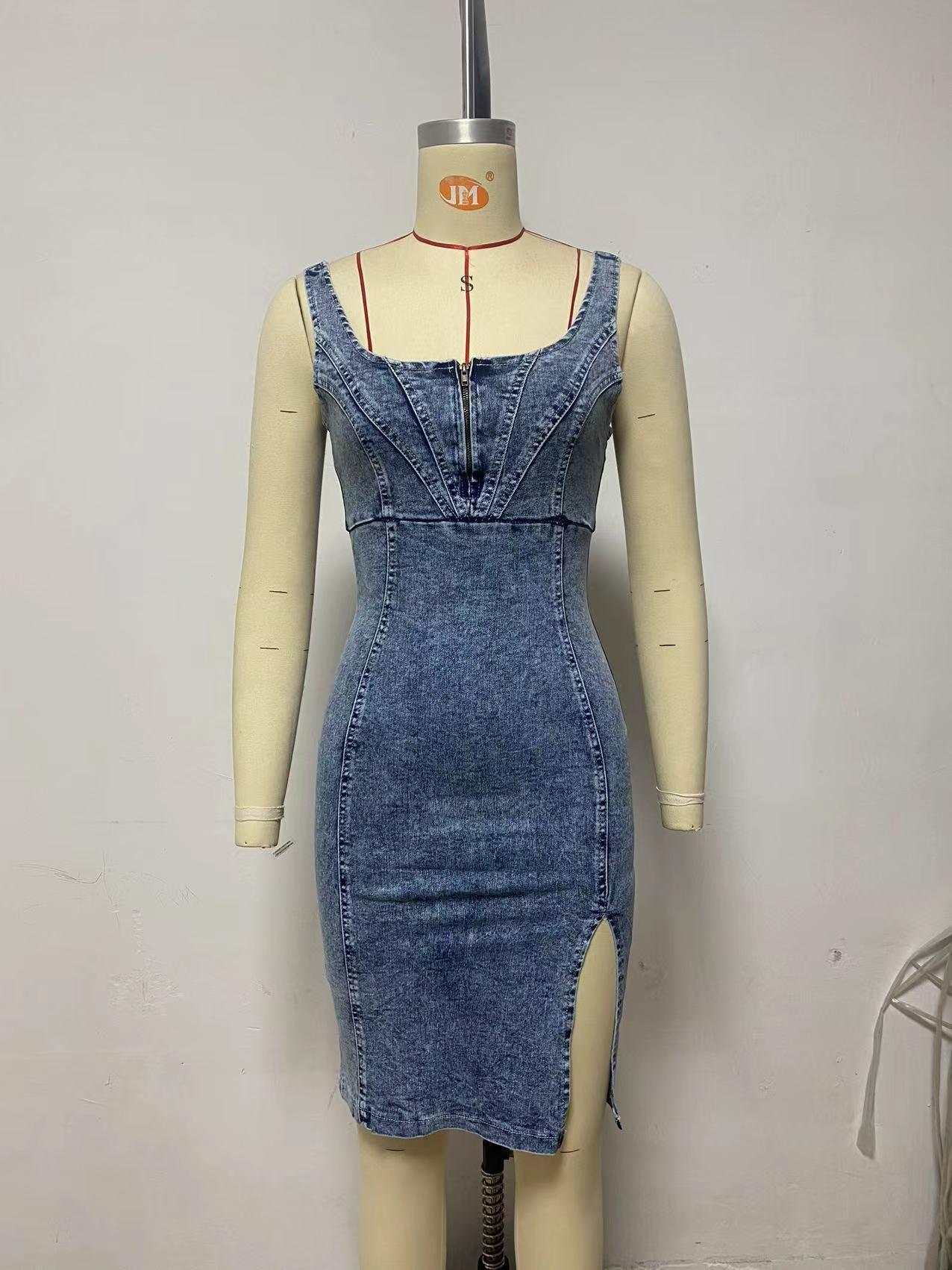 Cross-border Amazon Independent Station U-neck Sling Distressed Casual Style Denim Dress