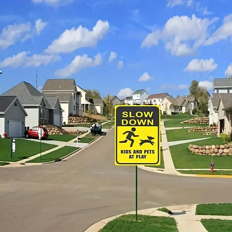 Metal Yard Sign - "Slow Down Kids and Pets at Play" | Reflective Safety Traffic Sign | Pre-Drilled Holes for Easy Mounting | Multipurpose Outdoor Use for Streets, Schools, Playgrounds | English Text - 1pc, 12x8 inches