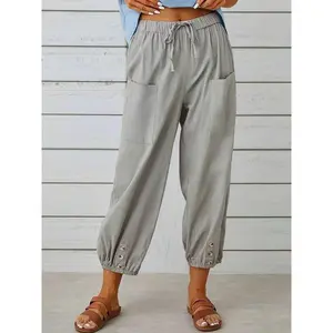 New European & American Style Loose High Waist Button Linen 3/4 Wide Leg Pants For Women