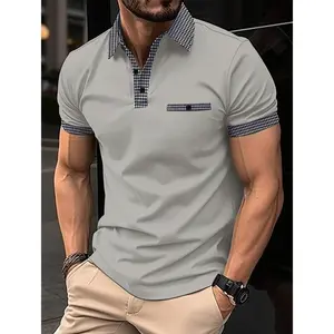 Men's casual short-sleeved shirt with patchwork British style, golf polo shirt, golf tournament shirt, summer slim fit outdoor clothing, polyester and cotton fabric.