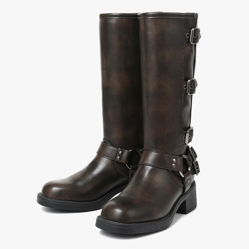 CELNEPHO Motorcycle Combat Boots Round Toe Chunky Block Vintage Heel Metal Buckle Design Pull on Rocky Boots Gift Party Riding Spring Valentine Fashion Dress Shoes