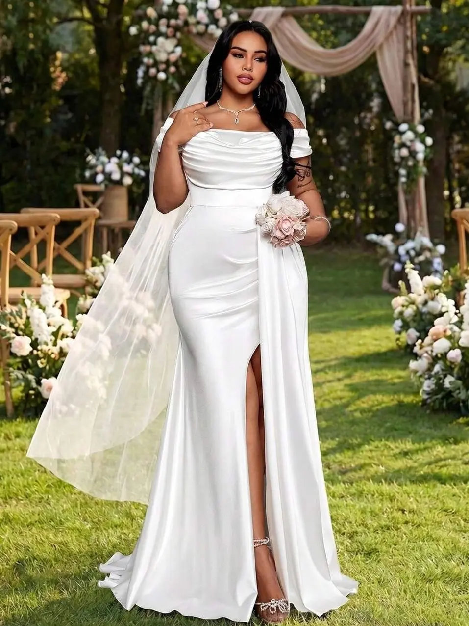 🤍 Plus Size Mermaid Wedding Dress, Elegant Off Shoulder Bridal Gown For Weddings, Ceremonies And Formal Events.