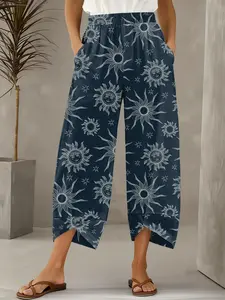 Boho Print Casual Pants, Navy Sun Pattern Elastic Waist Wide Leg Pants, Summer Breathable Comfort Daily Vacation Women's Clothing