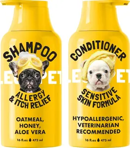 LEGITPET Oatmeal Dog Shampoo & Conditioner – Itch & Allergy Relief, Honey & Aloe, Hypoallergenic Calming Wash for Sensitive Skin, Dandruff Control, Puppy-Safe 2-in-1 Grooming Formula (2 x 16oz)