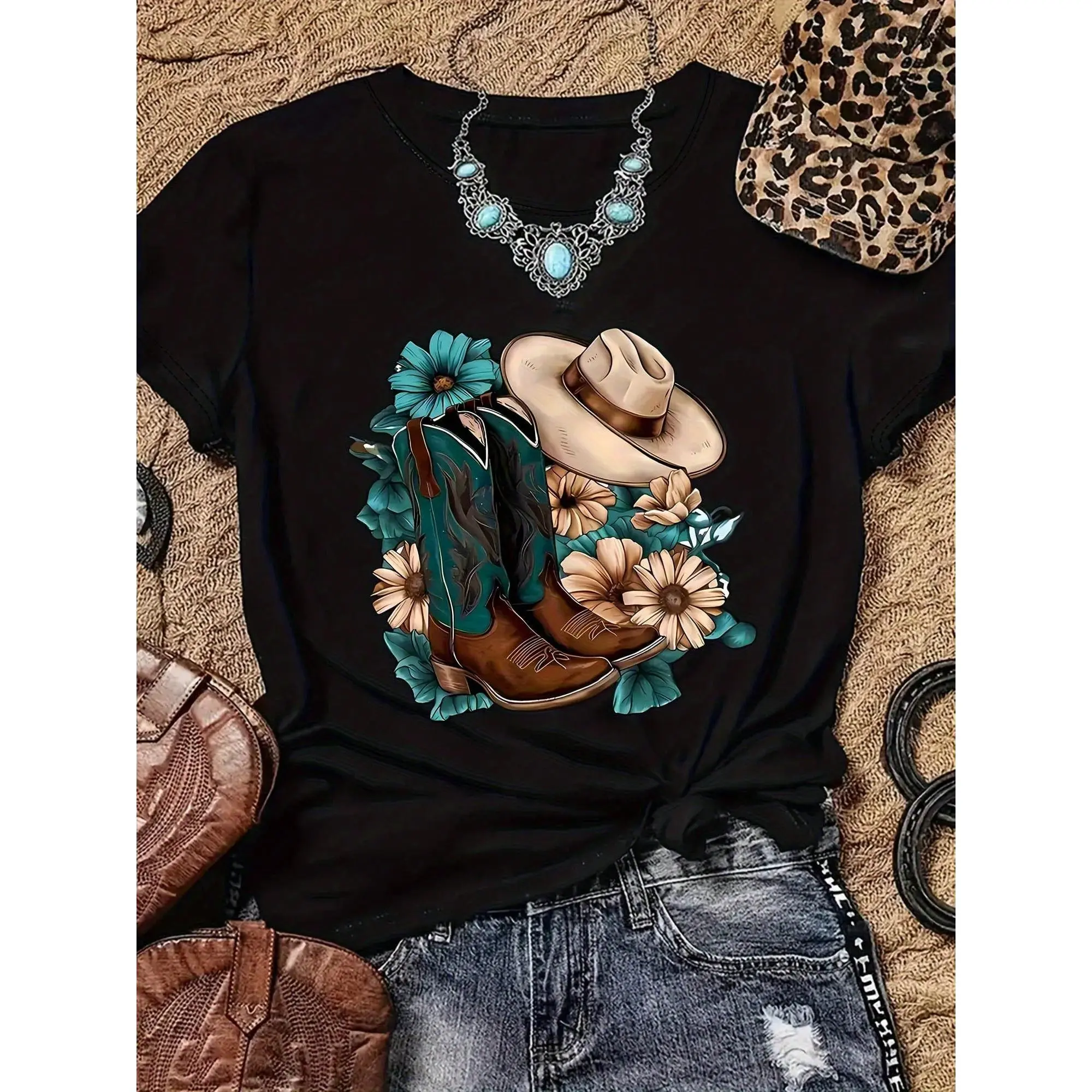 Women's Vintage Western Graphic Tees - Casual Short-Sleeve Round-Neck Streetwear Top for Everyday Wear, Vintage Graphic Tees, Cartoon